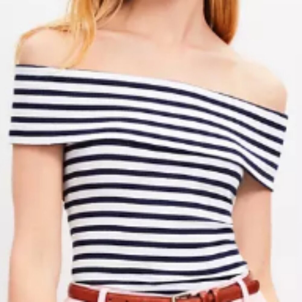 NWOT Ann Taylor LOFT  Size XL Blue and White Striped Off The Shoulder Top